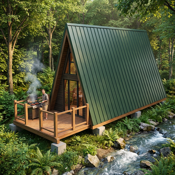 HOMA / MAISON A / Structure Ossature Bois 4 m x  8 m (env 30 m² + mezza) + terrasse 3.5 m x 3m. Structure en DEBIT avec numéros. Solivage étage porteur. Charpente traditionnelle en débit avec numéros / Livraison OFFERTE