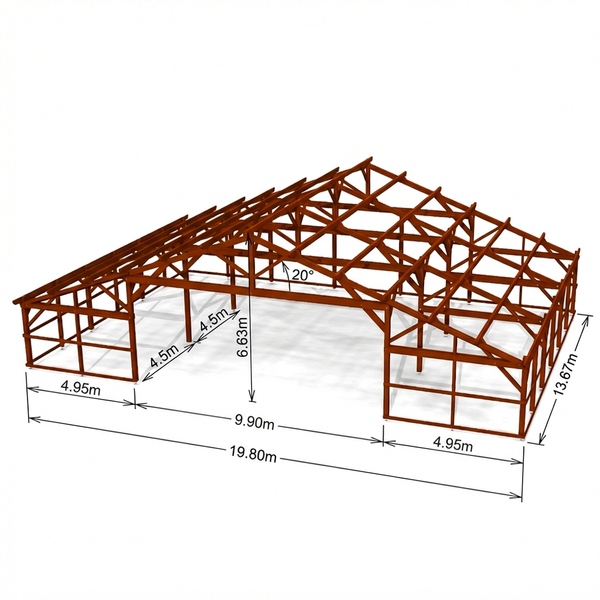 MANCHESTER Hangar bois FERMABLE / 2 pans  19.80 x 13.67m 20° de pente SANS BARDAGE / Livraison OFFERTE