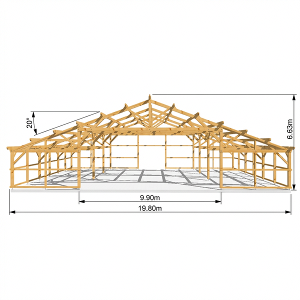 MANCHESTER Hangar bois FERMABLE / 2 pans  19.80 x 13.67m 20° de pente SANS BARDAGE / Livraison OFFERTE