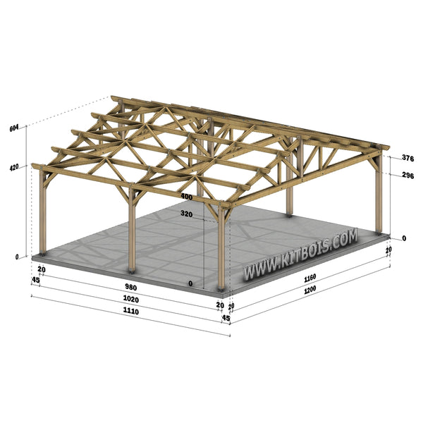 PORTO Hangar bois Ouvert / 2 pans  12.0 x 10.20m 17° de pente