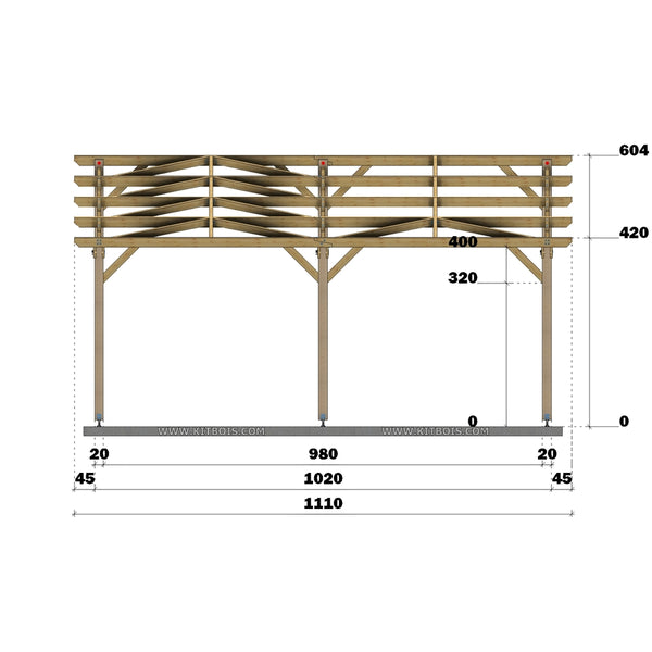 PORTO Hangar bois Ouvert / 2 pans  12.0 x 10.20m 17° de pente