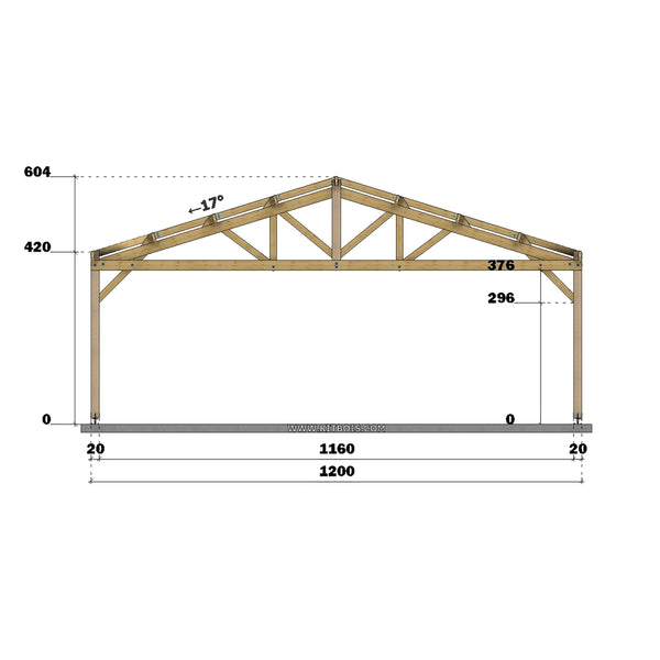 PORTO Hangar bois Ouvert / 2 pans  12.0 x 10.20m 17° de pente