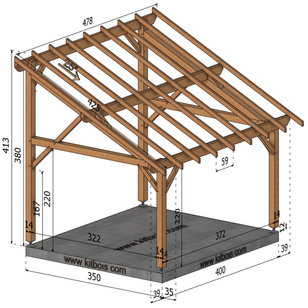 RAVENNE Auvent monopente, lxL 3.5x4m SAPIN