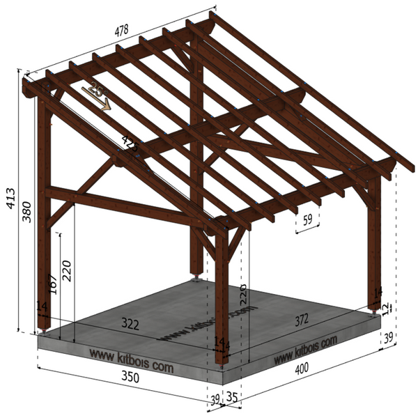 RAVENNE Auvent monopente, lxL 3.5x4m SAPIN