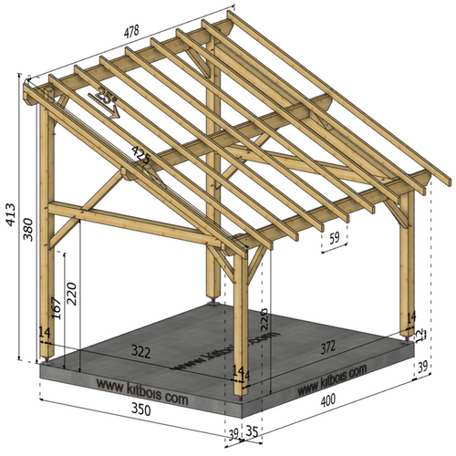 RAVENNE Auvent monopente, lxL 3.5x4m SAPIN
