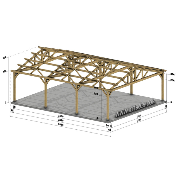 SETUBAL Hangar bois Ouvert / 2 pans  12.0 x 15.20m 17° de pente