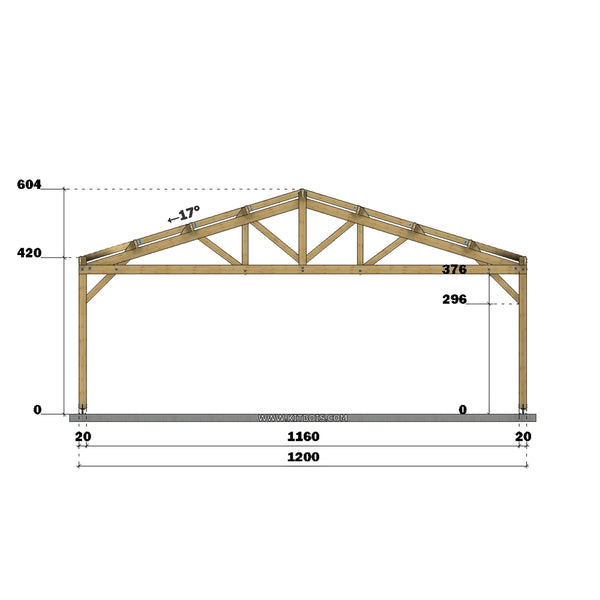SETUBAL Hangar bois Ouvert / 2 pans  12.0 x 15.20m 17° de pente