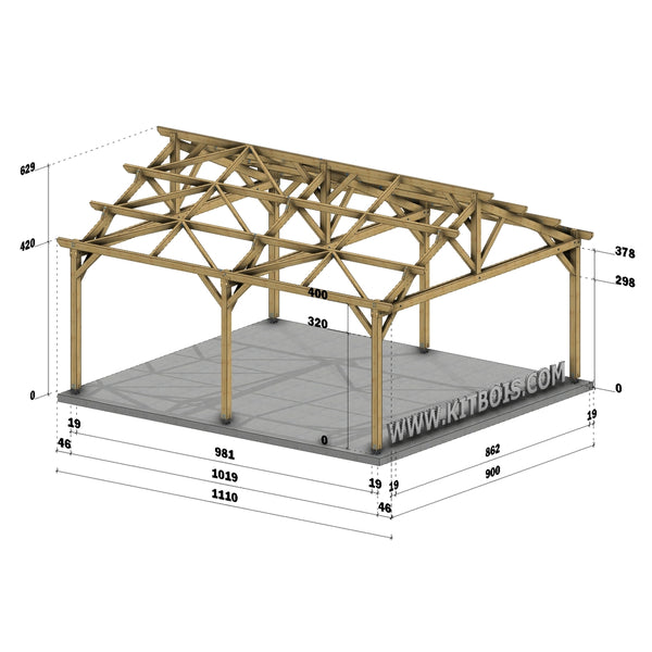 TOMAR Hangar bois Ouvert / 2 pans  9.0 x 10.19m 25° de pente