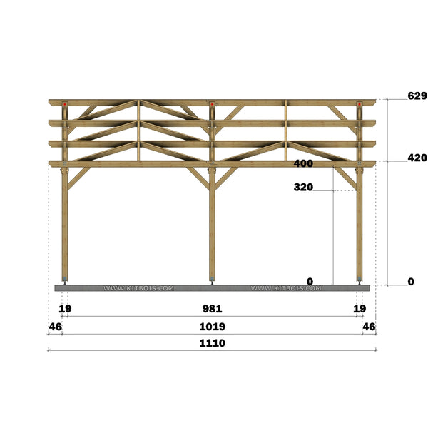 TOMAR Hangar bois Ouvert / 2 pans  9.0 x 10.19m 25° de pente