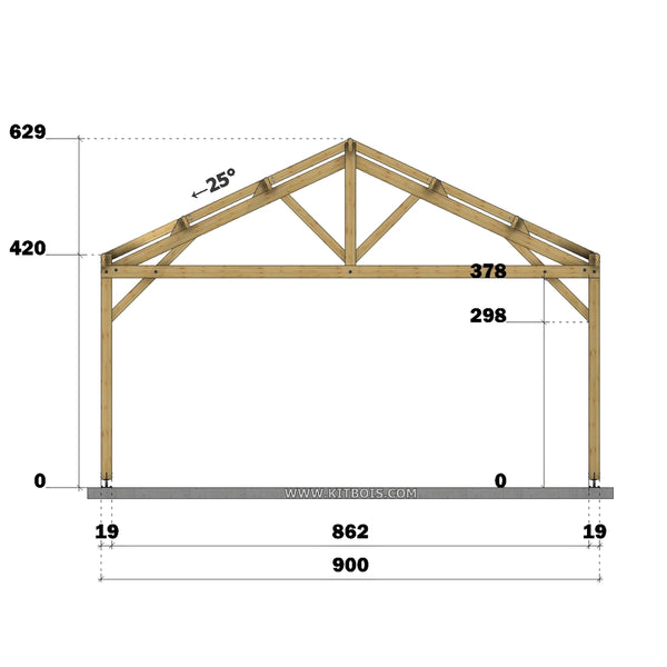 TOMAR Hangar bois Ouvert / 2 pans  9.0 x 10.19m 25° de pente