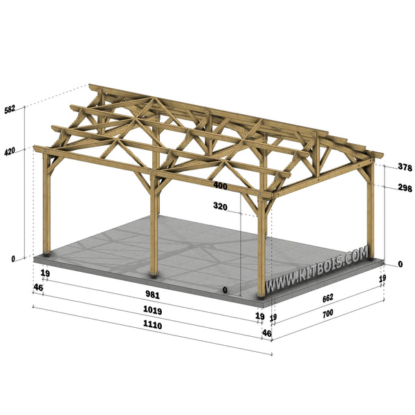 VISEU Hangar bois Ouvert / 2 pans  7.0 x 10.19m 25° de pente