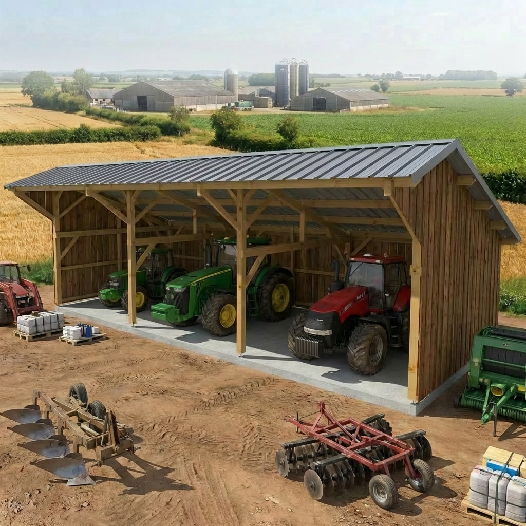 Hangar longitudinal bois bardé bi-pente 9m x 24m (hauteur 6m Hangar longitudinal bois bardé bi-pente 9m x 24m (hauteur 6m