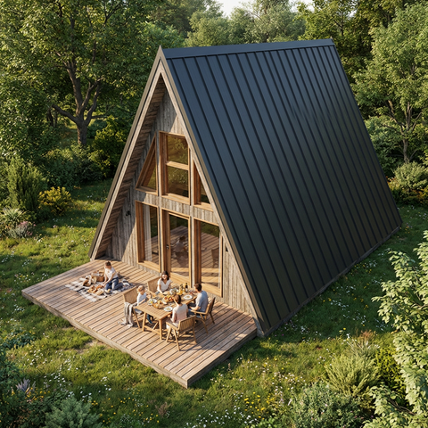 HOMA2 / MAISON A / Structure Ossature Bois 6 m x  8 m (env 40 m² + mezza) + terrasse 3.5 m x 3m. Structure en DEBIT avec numéros. Solivage étage porteur. Charpente traditionnelle en débit avec numéros / Livraison OFFERTE