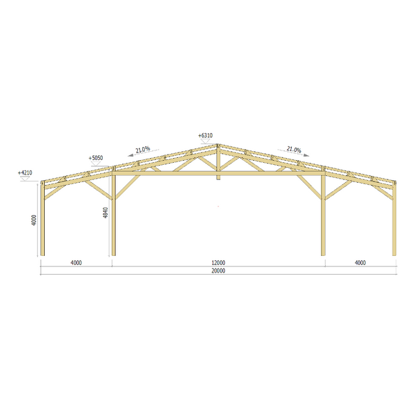 Hangar bois modèle SINTRA / 2 pans 20.0 x 42.20m 21% de pente (11.86°)